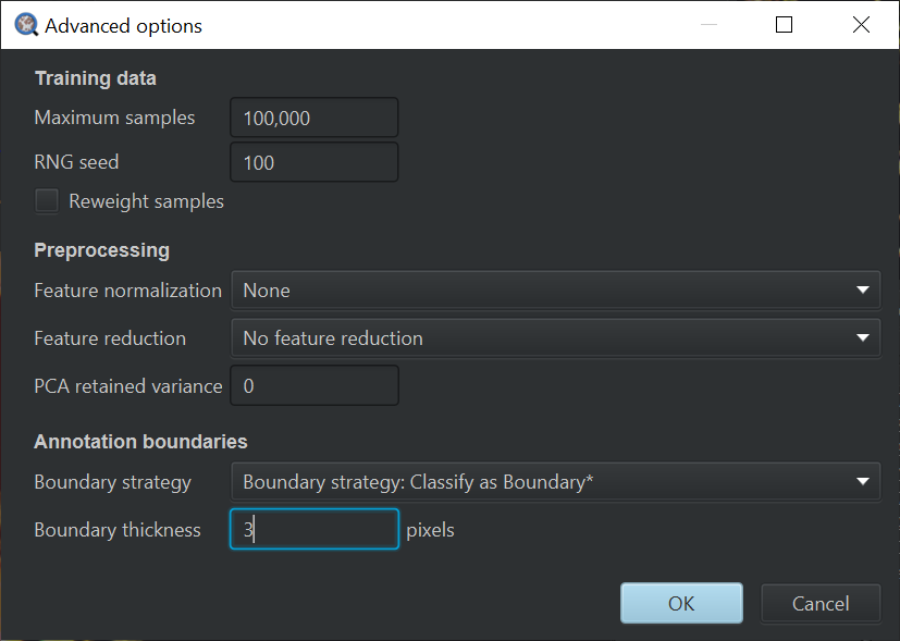 Pixel classification advanced options